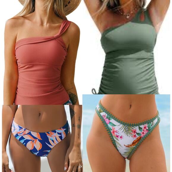 NWT Cupshe Two Piece Swimsuit Bikini One Shoulder Ruched Swim BUNDLE Size M - Picture 1 of 8